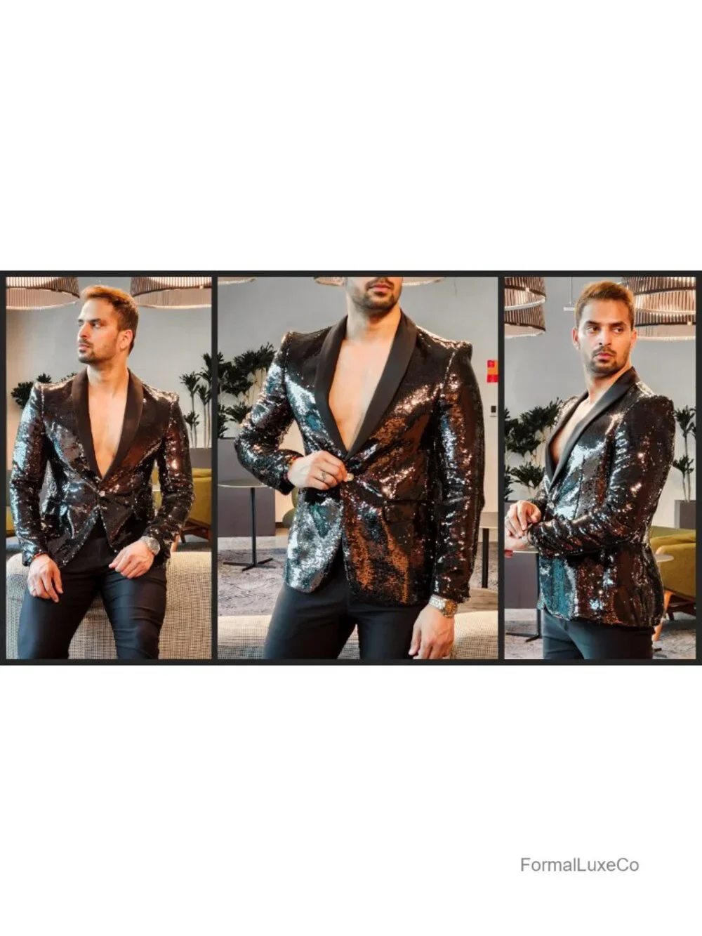 Men's Sequin Blazer Tuxedo Jacket One Button Shawl Collar Party Prom